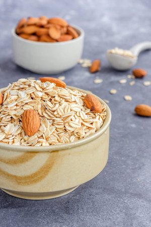 Rolled oats or oat flakes, Almond, High Angle view, Healthy lifestyle, healthy eating, vegan food...