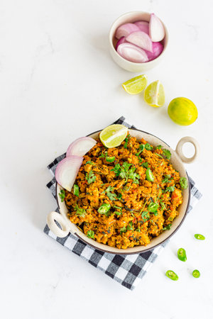 Spicy Chicken Keema Bhurji Garnished with Lemon and Cilantro Directly Above Photoの写真素材
