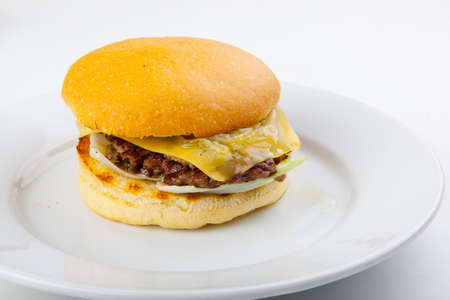hamburger with cutlet on a plate and white plateの写真素材