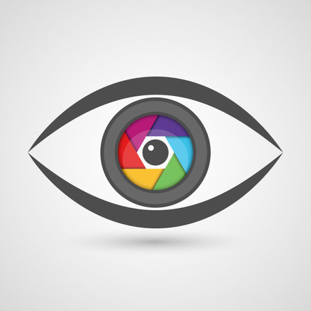 Icon eye as camera lens with colorful diaphragm shutter. Vector illustrationのイラスト素材