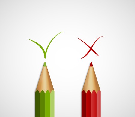 Pencil green tick and red cross. With Yes And No. Vector Illustration.のイラスト素材