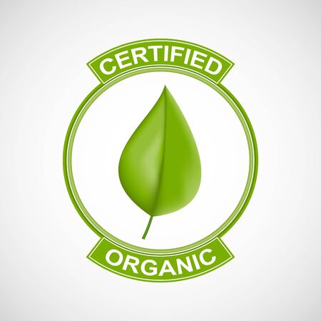 Label or logo with a green leaf for natural products.のイラスト素材