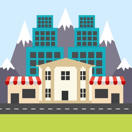 Colorful city in the flat style. Corner shops, houses and bank.のイラスト素材