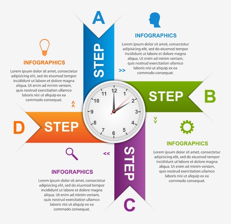Abstract infographic with colorful arrows and clock in the centre. Design template.のイラスト素材