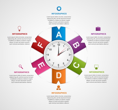 Abstract infographic with colorful ribbons and clock in the centre. Design template.のイラスト素材
