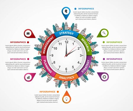 Abstract infographic in the clock in the centre. Can be used for websites, print, presentation, travel and tourism concept. Design elements.のイラスト素材