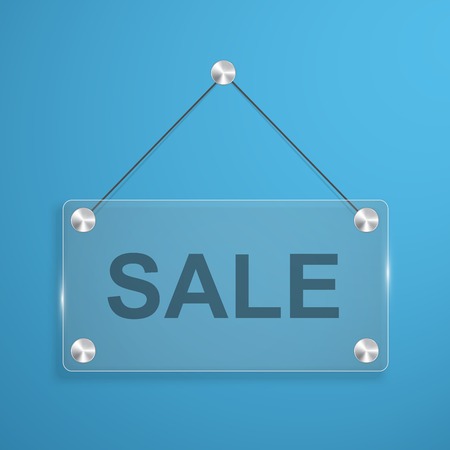 Glass banner with space for text hanging on threads on bolts. Vector illustration.のイラスト素材