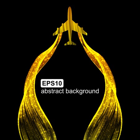 Flying the airplane and wave smoke. Abstract light futuristic background.のイラスト素材