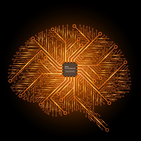 The brain in an electronic circuit with an electronic chip. Vector background.のイラスト素材