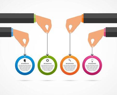 Infographics design template. Human hands holding the circle banners. Vector illustration.のイラスト素材