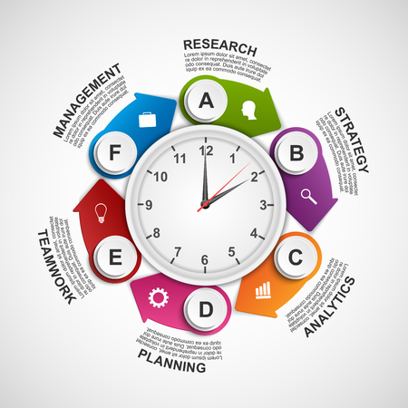 Design infographics clock with arrows in a circle for presentations and brochures. Vector illustration.のイラスト素材