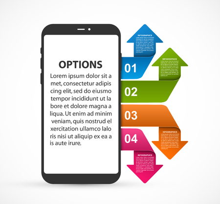Template infographics which depicts a mobile phone with colorful arrows. Vector illustration.のイラスト素材
