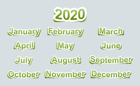 Paper stickers in green with the names of the months and the text 2020. For Christmas cards, calendars, backgrounds and other designs.のイラスト素材