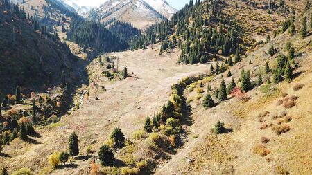 Autumn morning in the mountains. Several people are on the trail. Yellow grass, river, green spruce, sometimes there is snow and orange bushes. Rocks on the slopes. Kazakhstan, Almaty.の写真素材