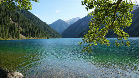 Mountain lake Kolsay with floating boats. View of green hills, fir trees, grass and water. Boats with tourists float on the lake. People are resting. The water of a mountain lake is green.の写真素材