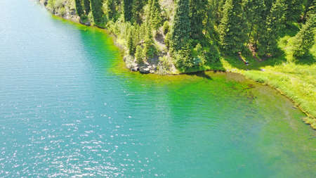 Kolsay lake among green hills and mountains. The mountain lake is surrounded by green forest, tall coniferous trees, grass and bushes. Clean water is like a mirror. Tourists swim on boats. Kazakhstanの写真素材