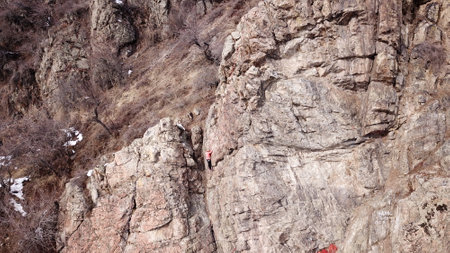 A group of people are engaged in rock climbing.の写真素材
