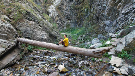 The guy is sitting on a big tree above the river.の写真素材