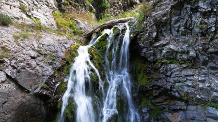 A mountain waterfall in a rocky gorge.の写真素材