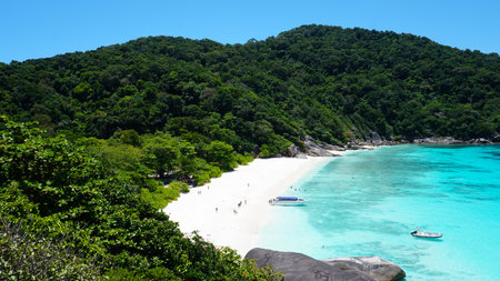 Turquoise water in the bay. View of the island.の写真素材