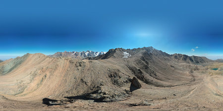 360 panorama of a mountain lake and snowy peaksの写真素材
