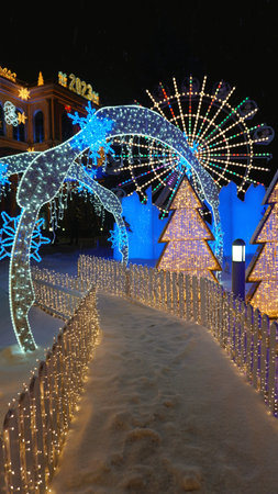 The glowing Christmas alley is all in garlands.の写真素材