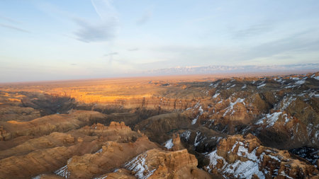 Charyn Grand Canyon with orange rock walls. Almaty