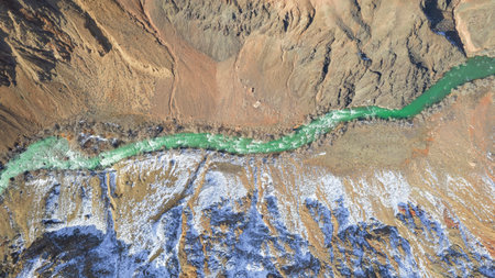 Long river with green water in Charyn Canyonの写真素材