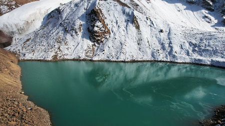 A mountain lake with emerald water is like mirrorの写真素材