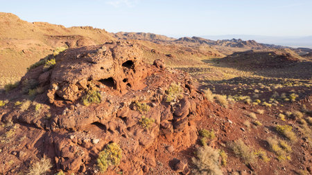 A volcanic place. Frozen old lava. Red Mountainsの写真素材