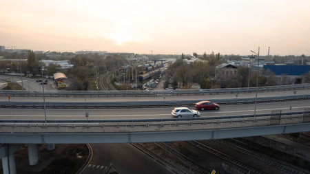 Drone view of the bridge passing through the city.の写真素材