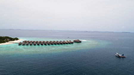 Top view of the bungalow on the water. Maldives.