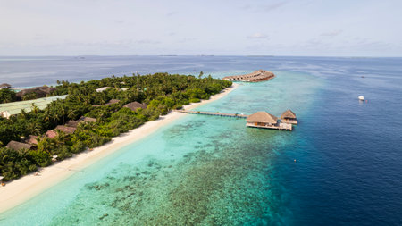 Turquoise clear water and green island of Maldivesの写真素材