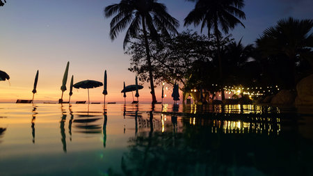 Infinity pool reflecting sunset and palm trees at dusk