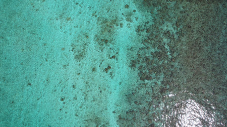 Turquoise water meeting reef in tropical ocean aerial viewの写真素材