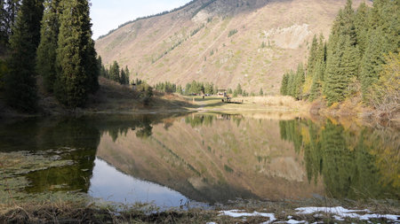 Serene landscape with mountain reflection in calm lake surrounded by treesの写真素材
