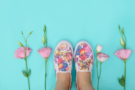 Summer Fashion style. Design Spring girl clothes set, accessories. Trendy floral gumshoes. Summer Urban women Minimal concept.の写真素材