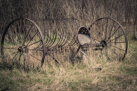 An old rusty horse-drawn hay rake sits abandoned in a field of grass and thick brush.の写真素材