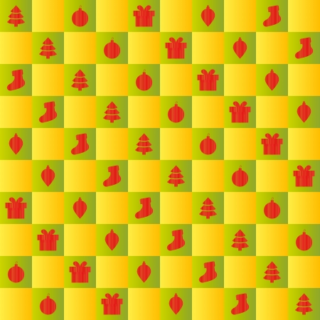 Colorful seamless x-mas pattern with pictures of ornaments, gift, tree and stockingのイラスト素材