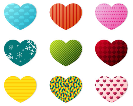 Set of 9 hearts with different patterns and light shadownのイラスト素材