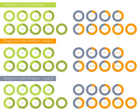 Set of 3 isolated pie charts - without and with 2 different styles of shadow; graph is divided into 8 partsのイラスト素材