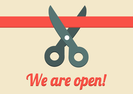 Flat illustration of scissors cutting red ribbon with text We are open のイラスト素材