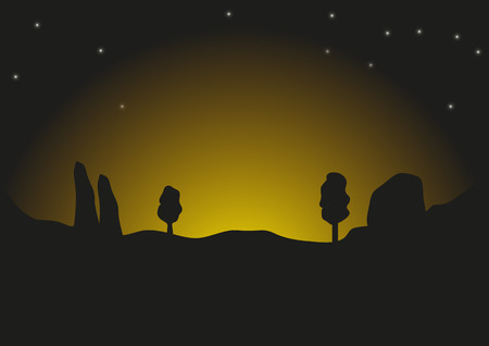 Silhouette of landscape during early sunrise - scene with sunrise, trees, rocks and starsのイラスト素材