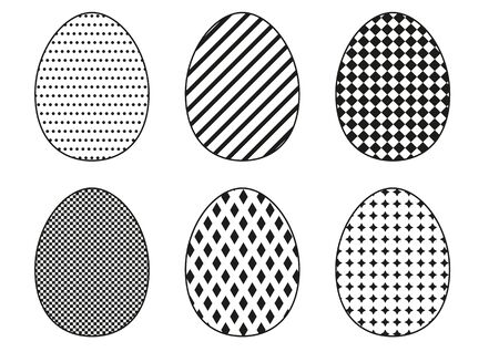 Set of 6 isolated and simply decorated Easter eggs (black and white version)のイラスト素材