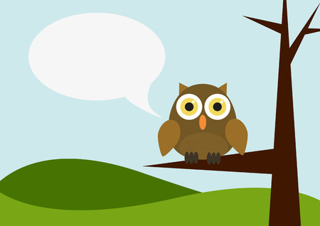 Illustration of landscape with owl siting on a tree with speech bubbleのイラスト素材