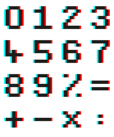 Set of pixel numbers and mathematical signs with Anaglyph 3d effectのイラスト素材