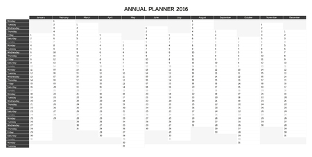 Greyscale annual planner for 2016 - English, starts with Mondayのイラスト素材