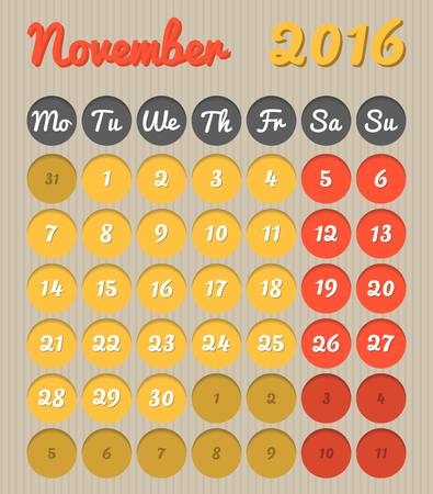 Modern month planning calendar in English for November 2016 all year avalaible in portfolioのイラスト素材