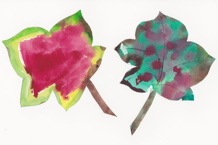 2 scanner hand made autumn leaves - original pictures of 6 years old girlの写真素材