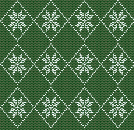 Seamless knitted pattern in nordic style with white snowflakes on green backgroundのイラスト素材